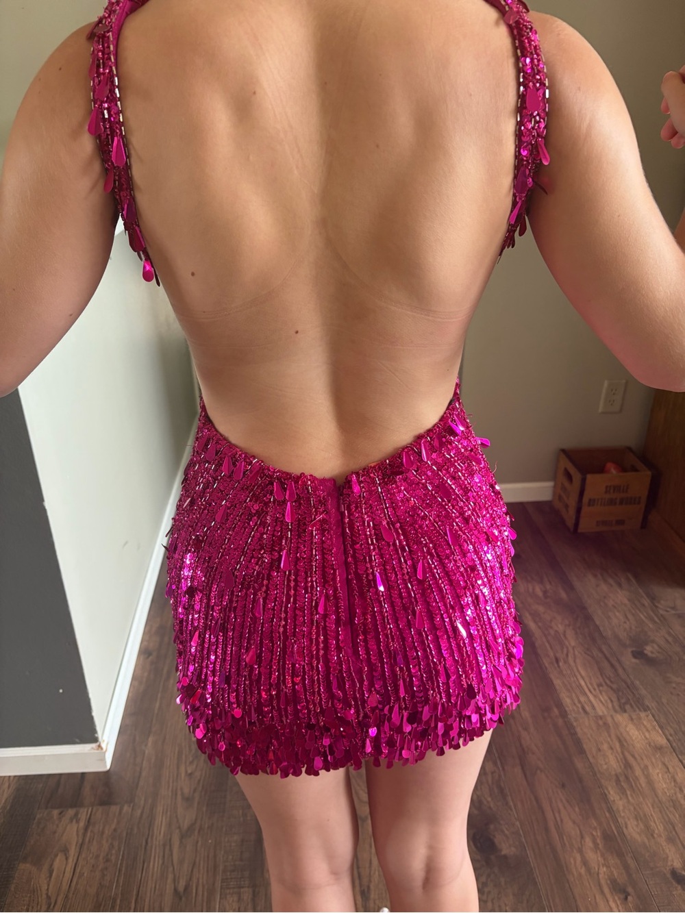Sherri Hill Hot Pink Sequin Plunge V-Neck Mini Dress - Picture 4 of 4